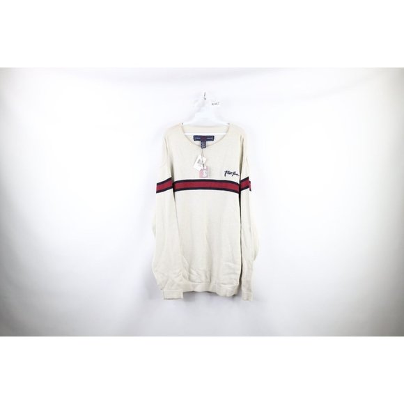 NOS Vintage Phat Farm Mens XL Striped Spell Out Script Marled Knit Sweater Cream